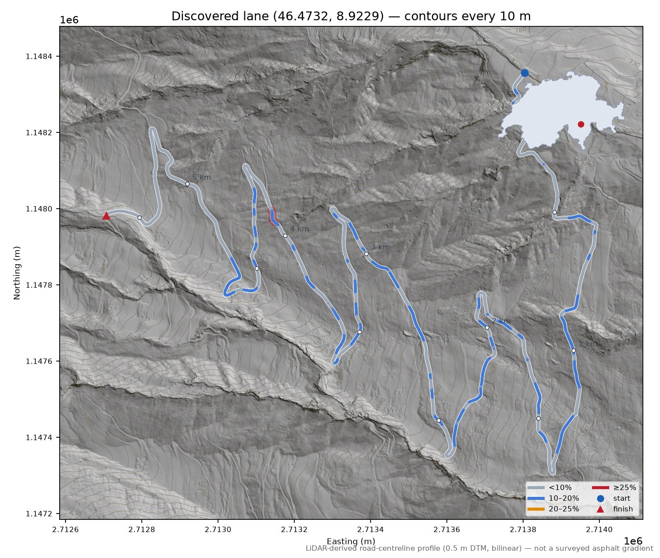 Discovered lane (46.4732, 8.9229) LiDAR hillshade map with contours