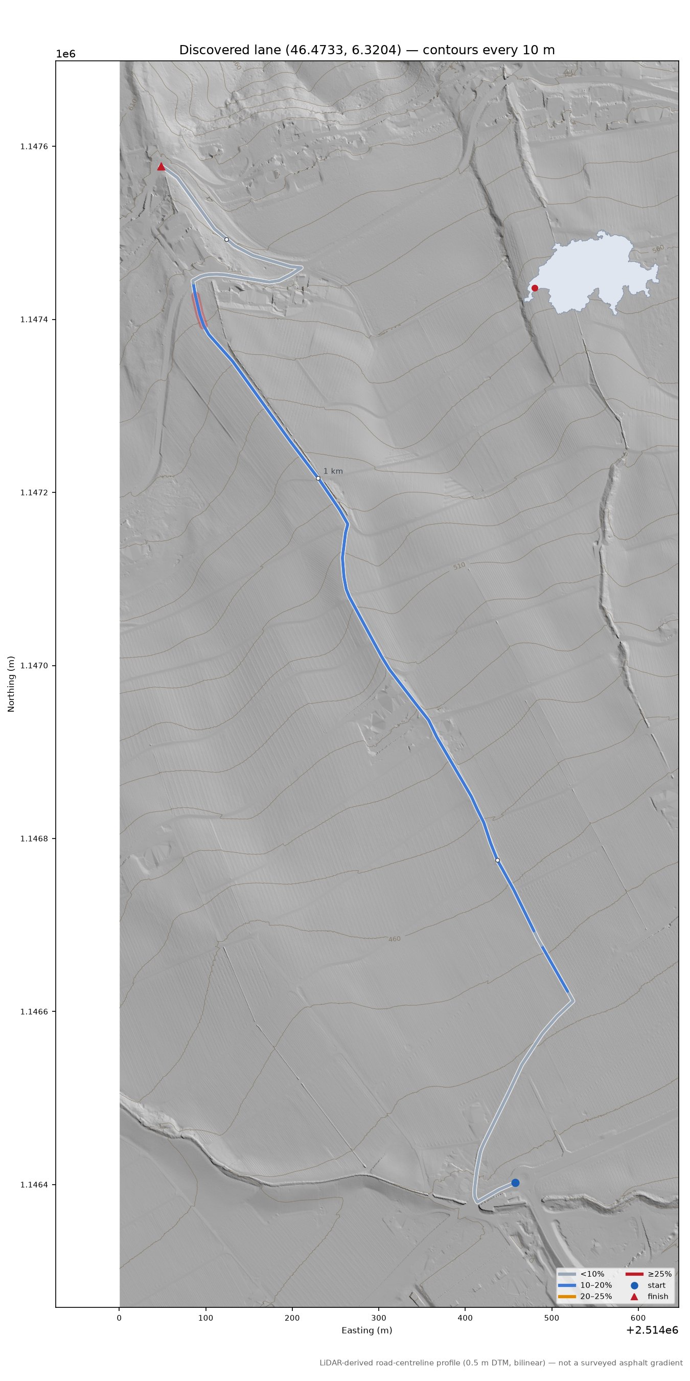 Discovered lane (46.4733, 6.3204) LiDAR hillshade map with contours