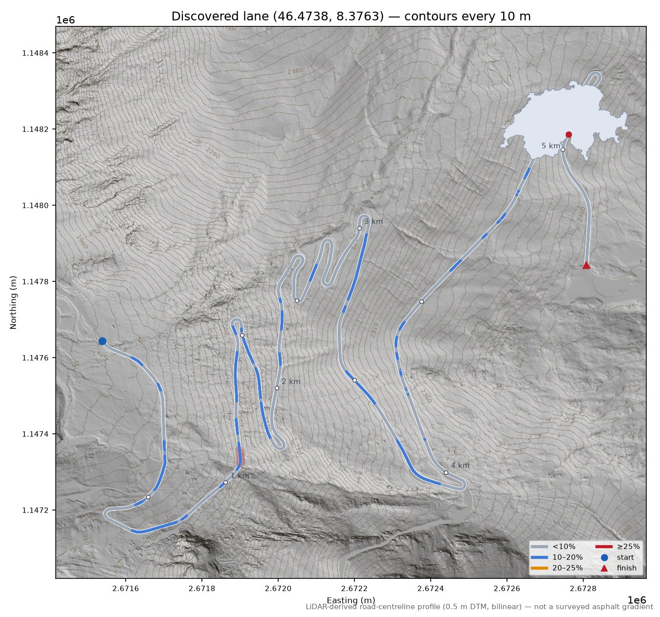 Discovered lane (46.4738, 8.3763) LiDAR hillshade map with contours