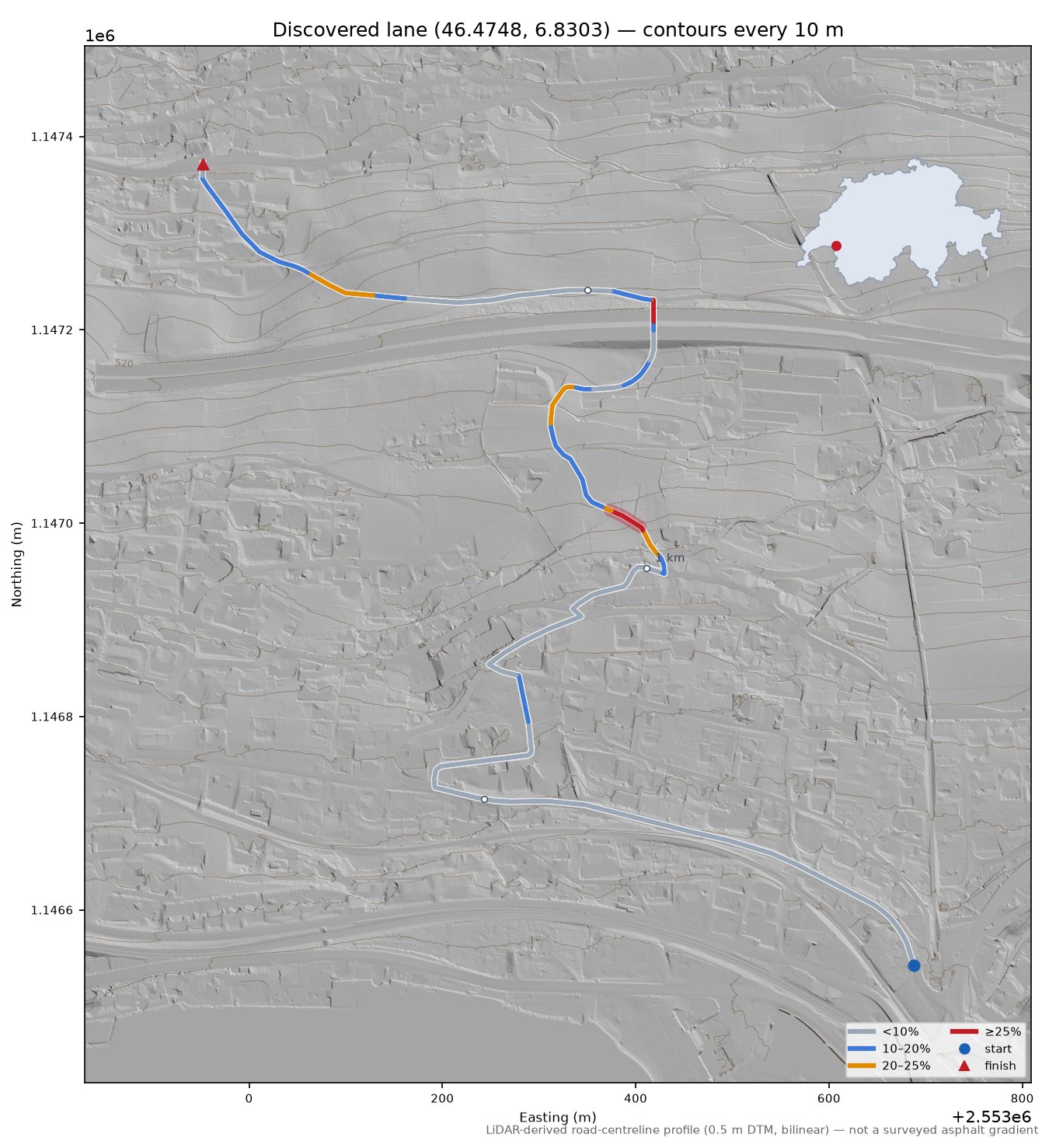 Discovered lane (46.4748, 6.8303) LiDAR hillshade map with contours