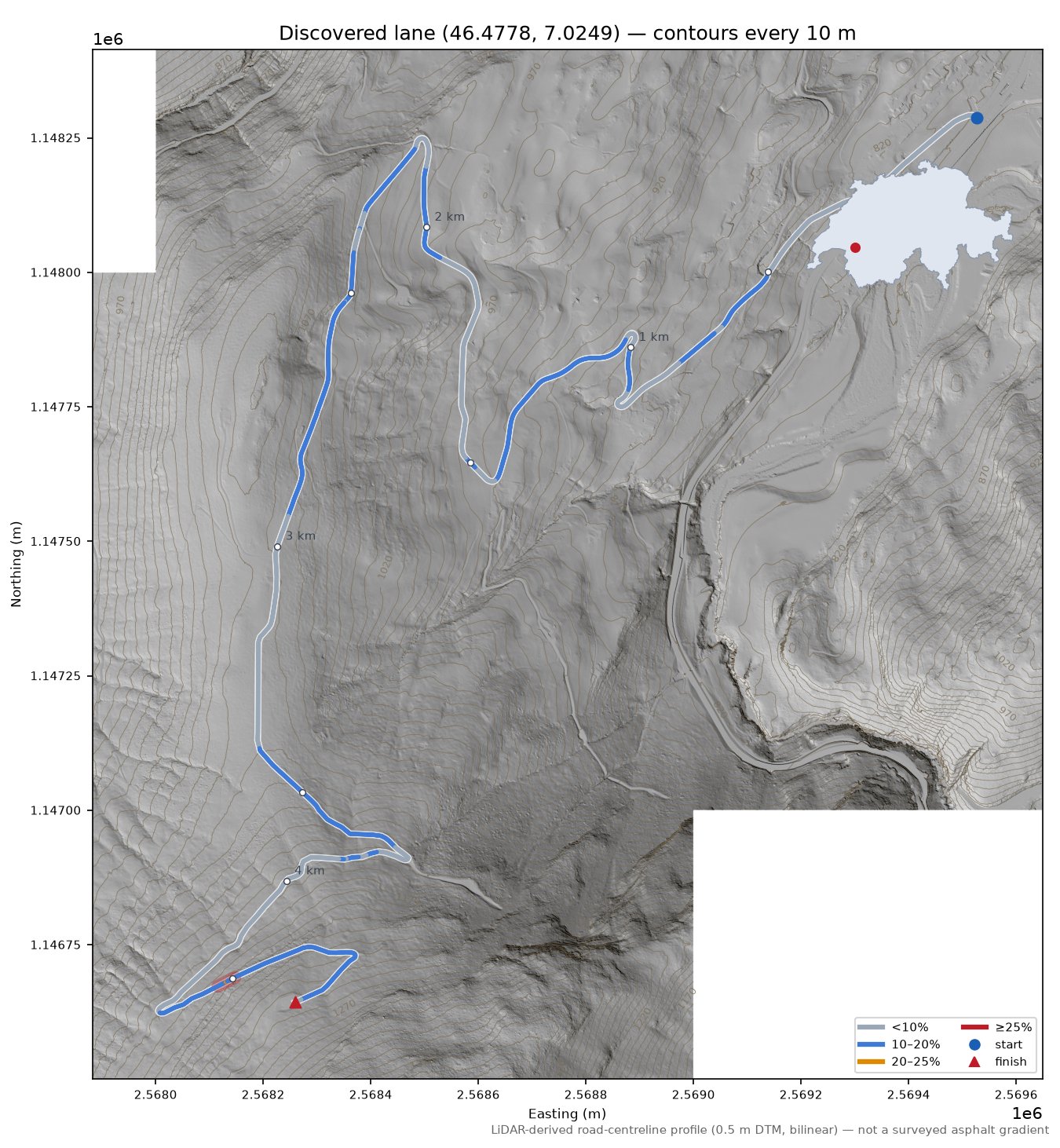 Discovered lane (46.4778, 7.0249) LiDAR hillshade map with contours