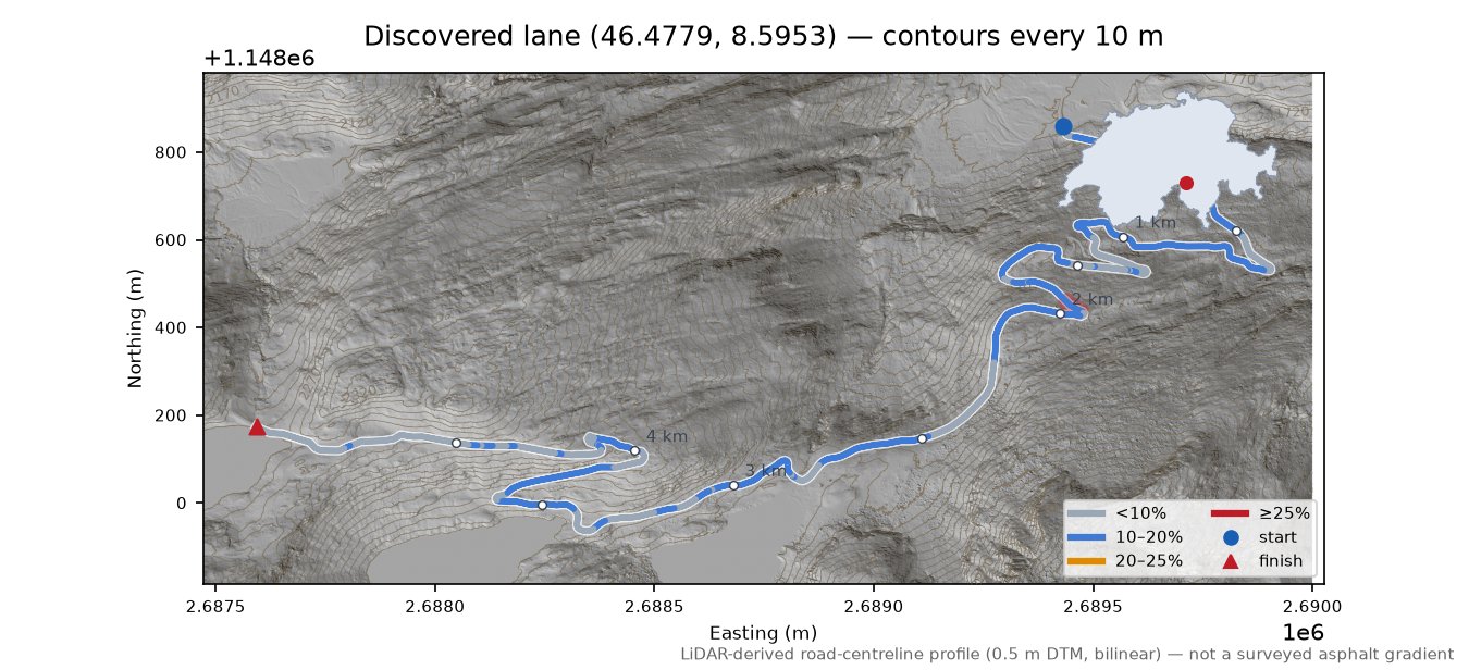 Discovered lane (46.4779, 8.5953) LiDAR hillshade map with contours