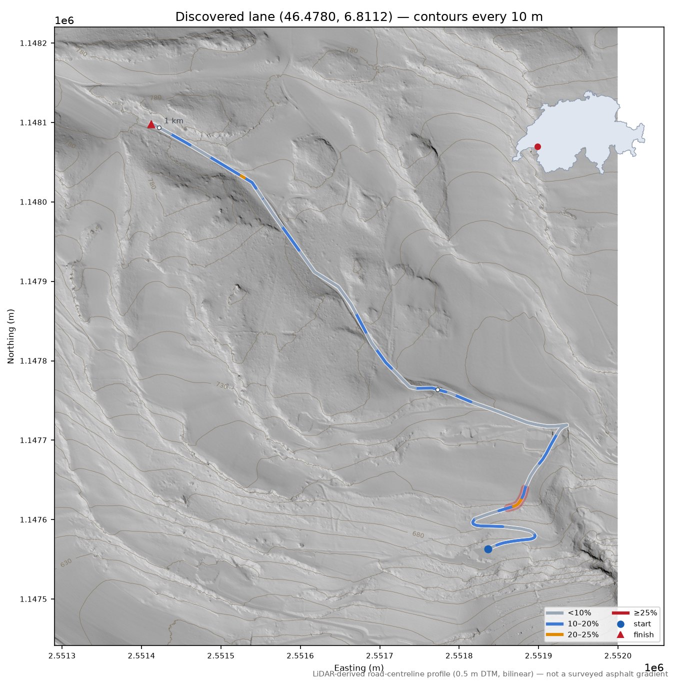 Discovered lane (46.4780, 6.8112) LiDAR hillshade map with contours
