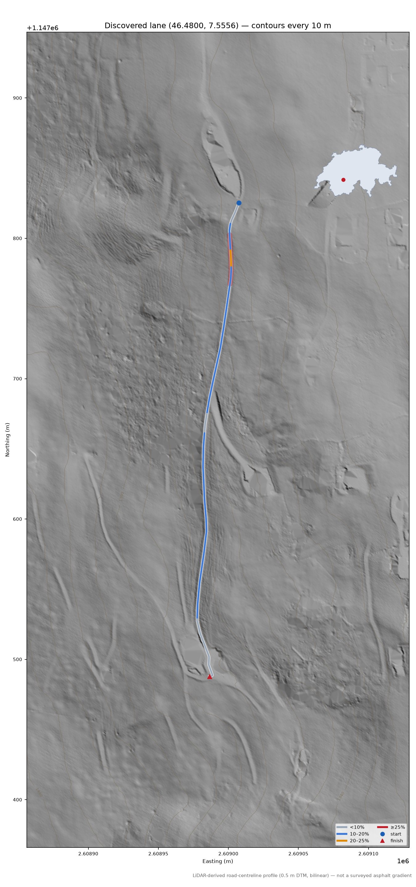 Discovered lane (46.4800, 7.5556) LiDAR hillshade map with contours