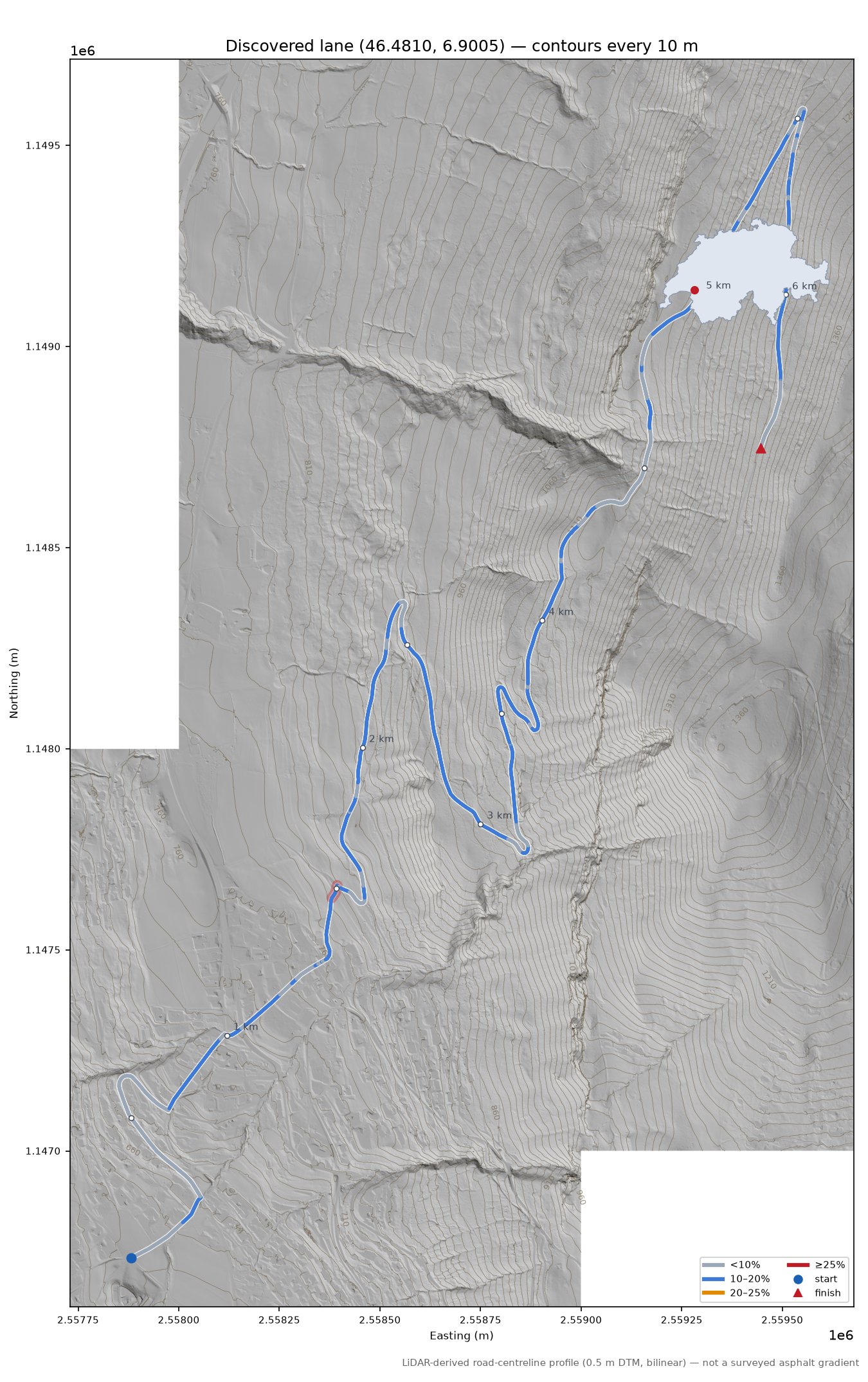 Discovered lane (46.4810, 6.9005) LiDAR hillshade map with contours