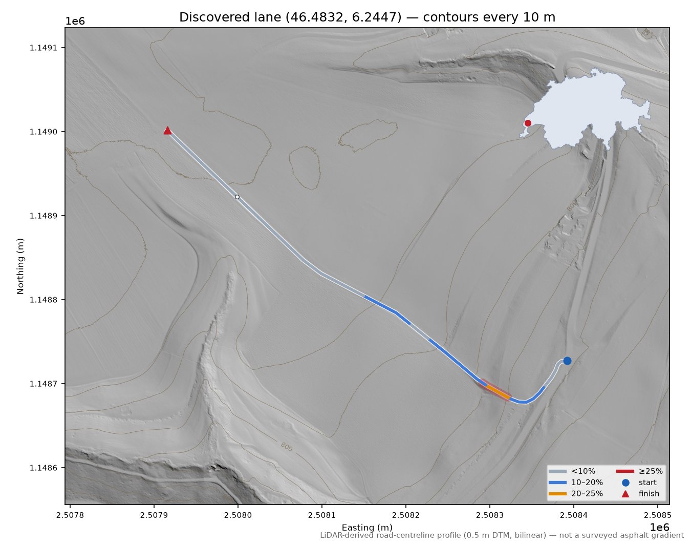Discovered lane (46.4832, 6.2447) LiDAR hillshade map with contours