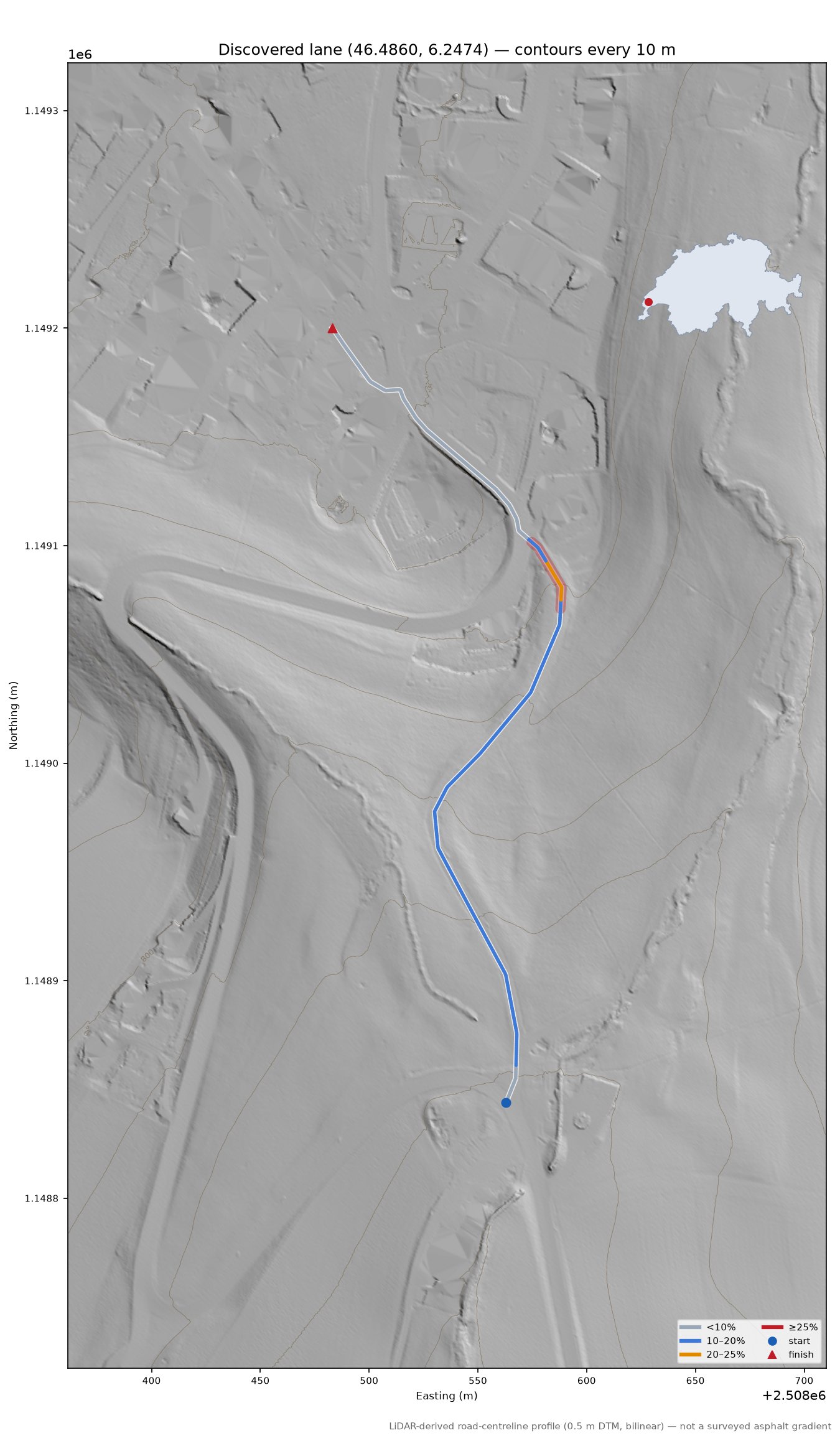 Discovered lane (46.4860, 6.2474) LiDAR hillshade map with contours