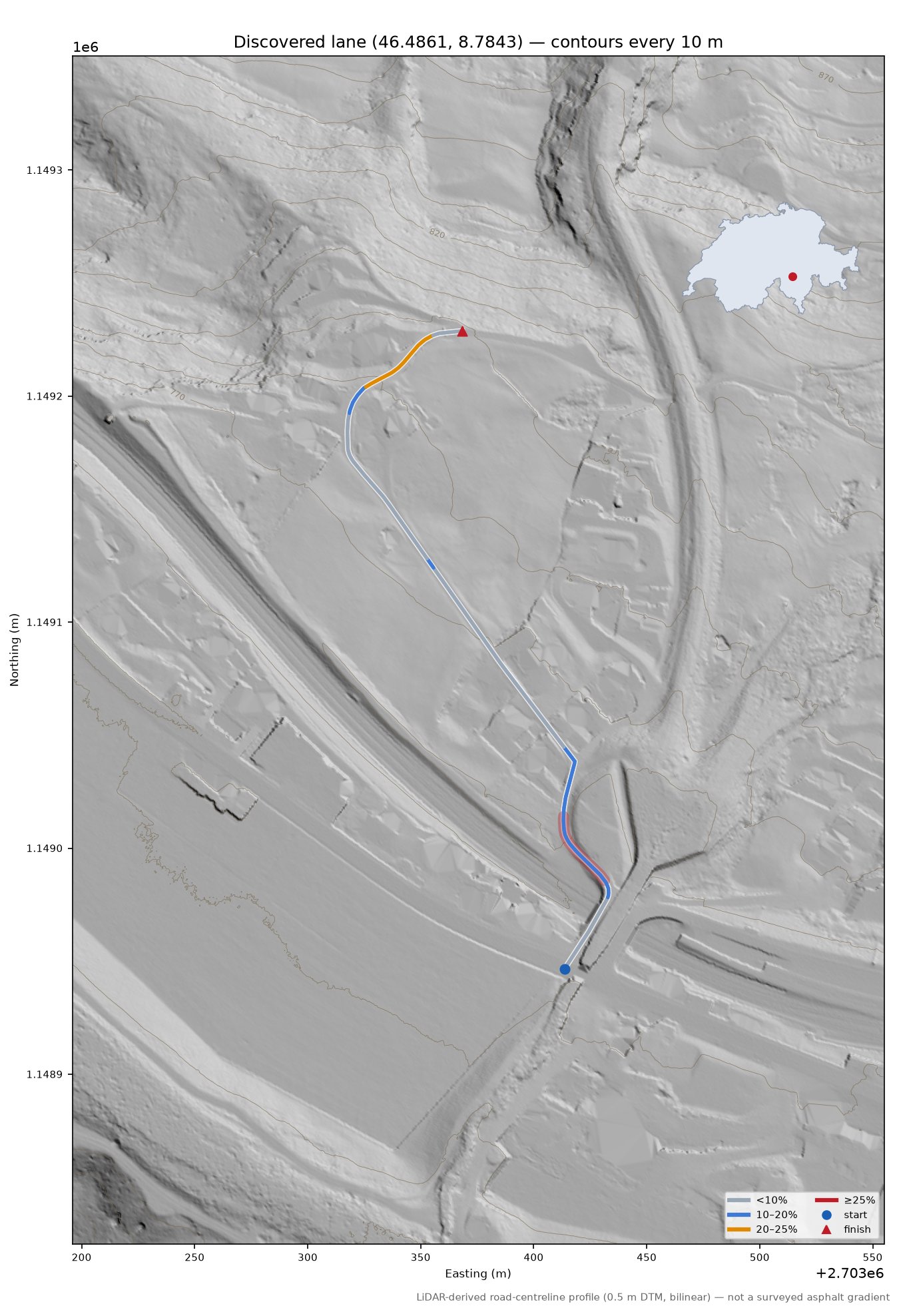 Discovered lane (46.4861, 8.7843) LiDAR hillshade map with contours