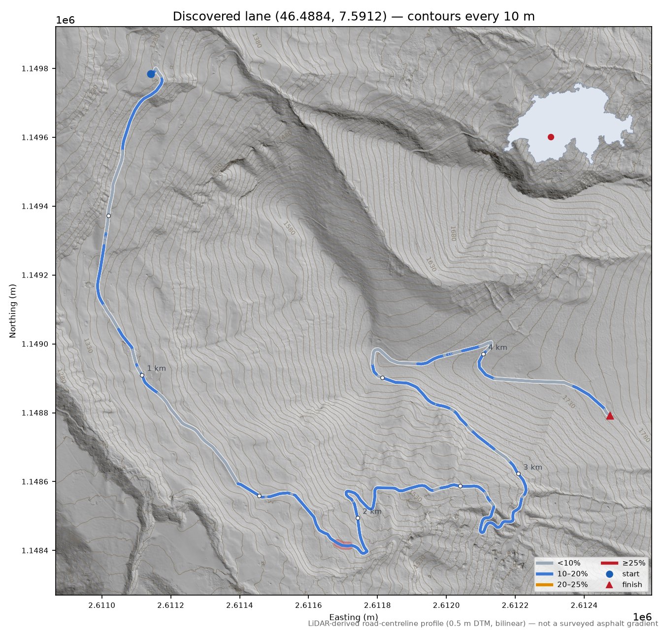 Discovered lane (46.4884, 7.5912) LiDAR hillshade map with contours