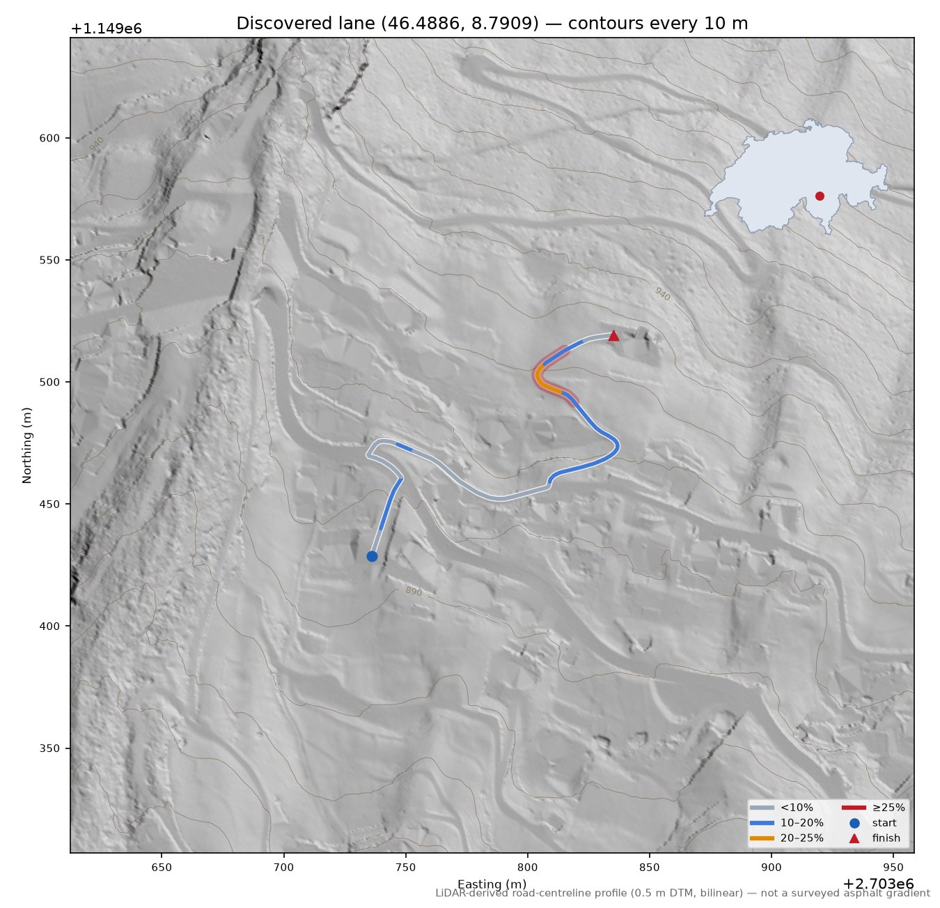 Discovered lane (46.4886, 8.7909) LiDAR hillshade map with contours