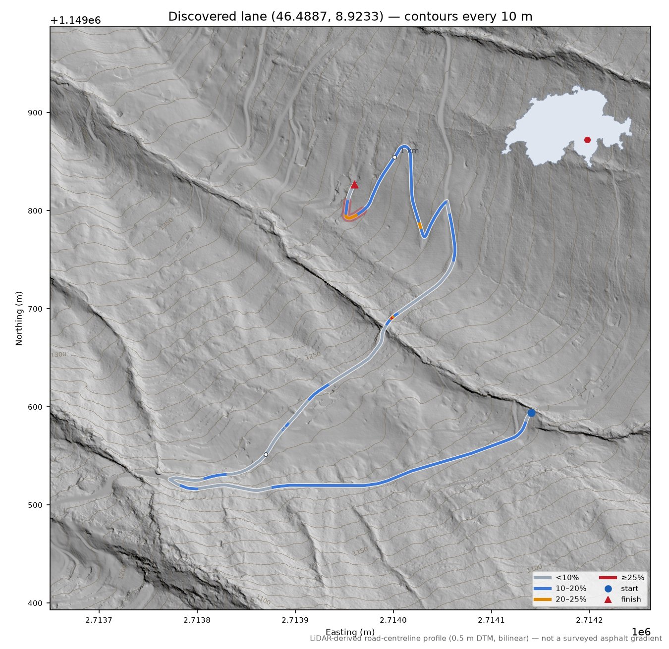 Discovered lane (46.4887, 8.9233) LiDAR hillshade map with contours