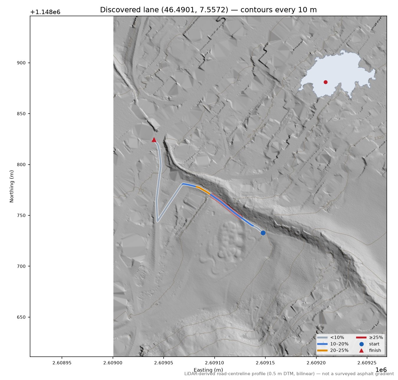 Discovered lane (46.4901, 7.5572) LiDAR hillshade map with contours