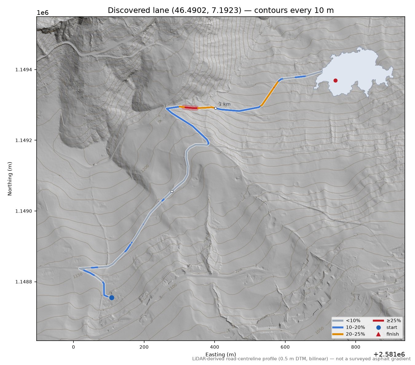 Discovered lane (46.4902, 7.1923) LiDAR hillshade map with contours