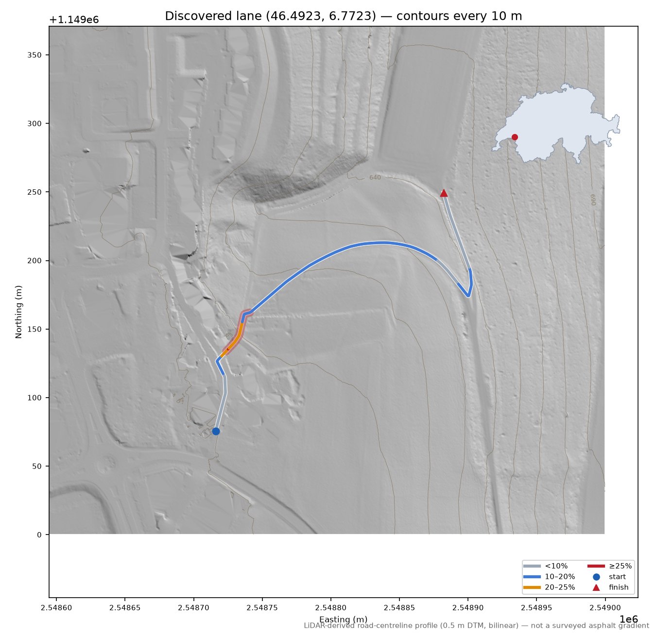 Discovered lane (46.4923, 6.7723) LiDAR hillshade map with contours