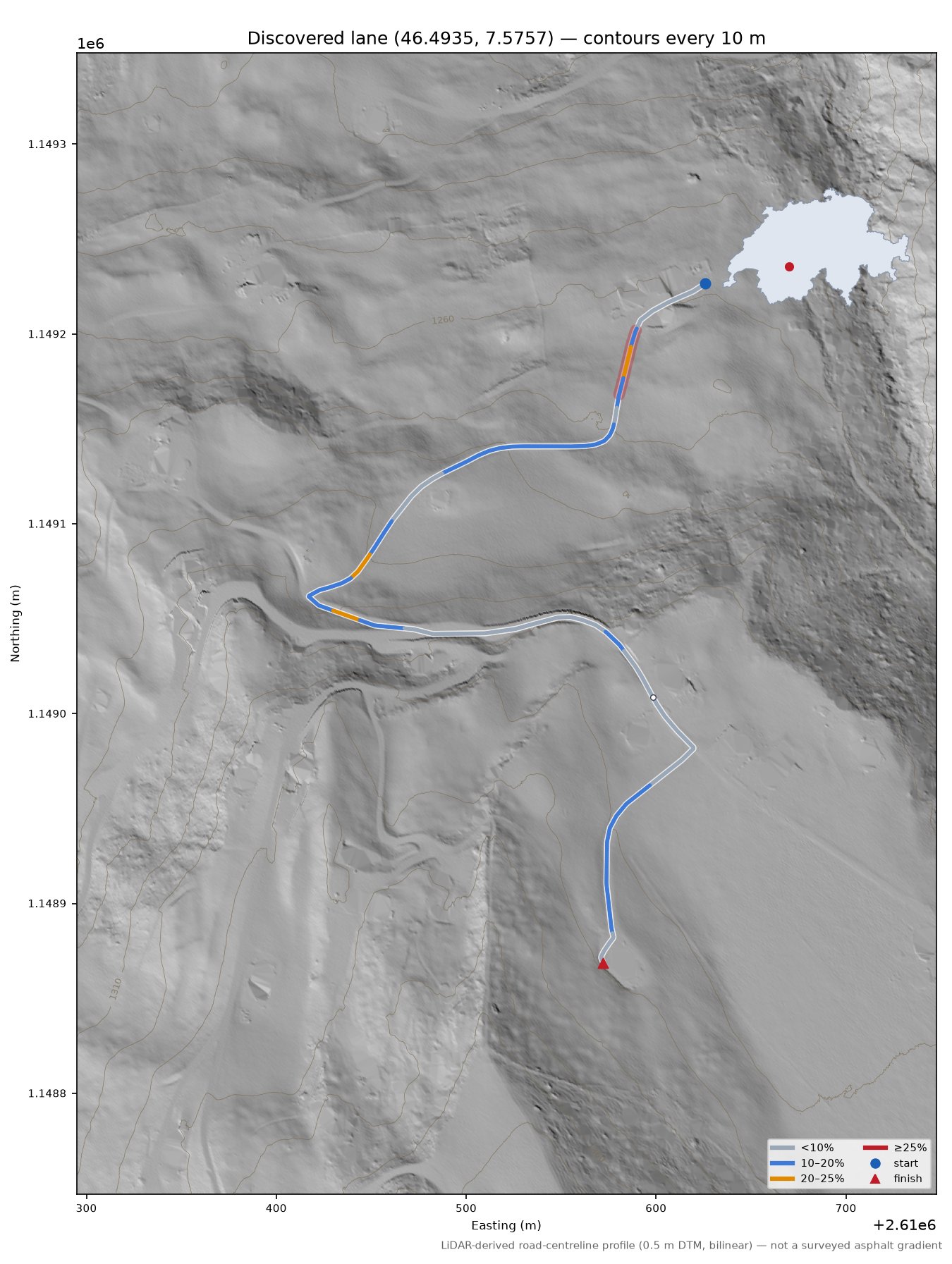 Discovered lane (46.4935, 7.5757) LiDAR hillshade map with contours