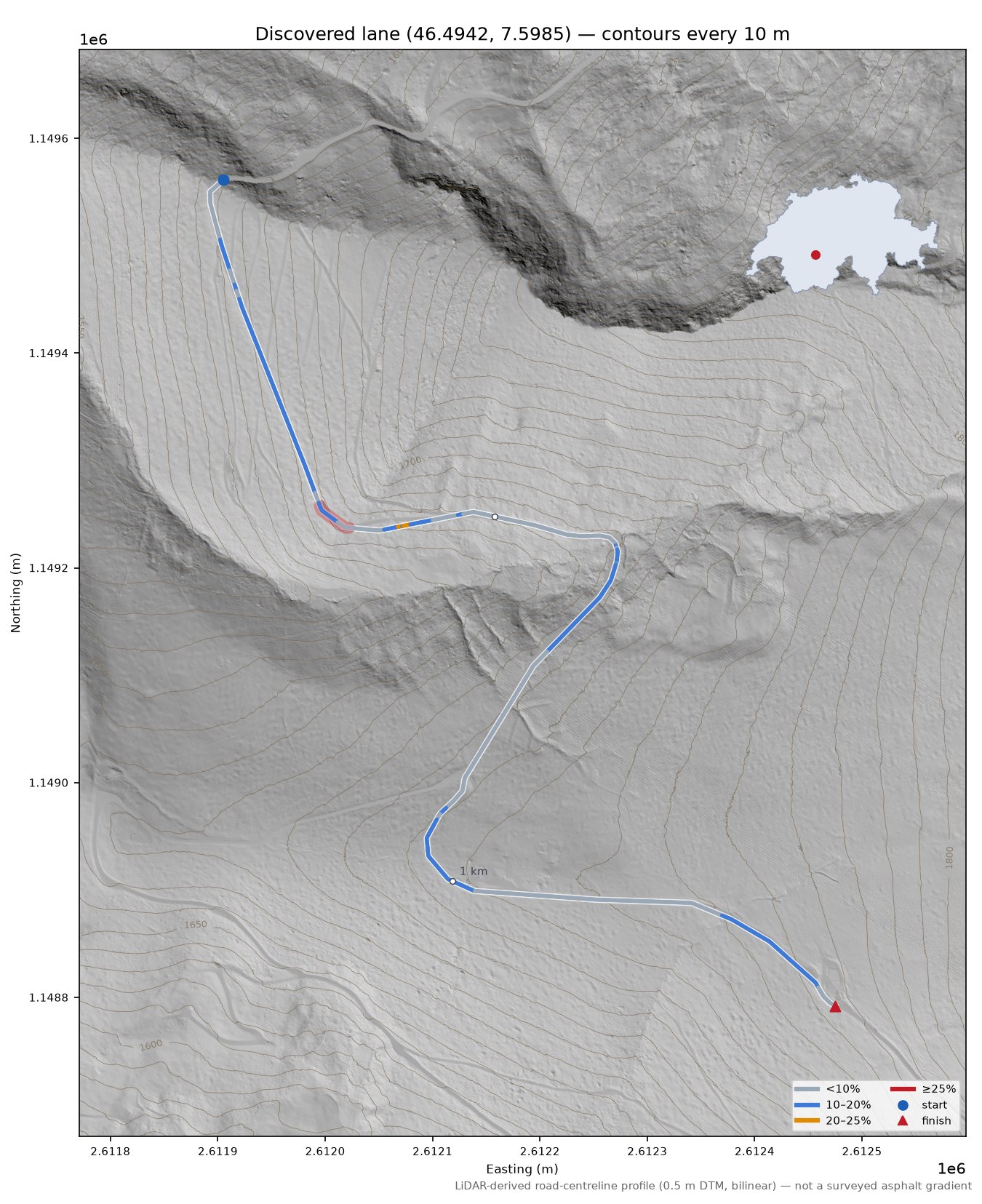 Discovered lane (46.4942, 7.5985) LiDAR hillshade map with contours