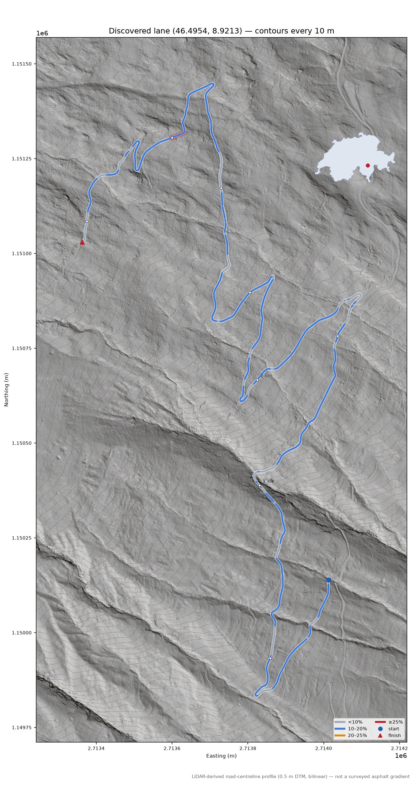 Discovered lane (46.4954, 8.9213) LiDAR hillshade map with contours