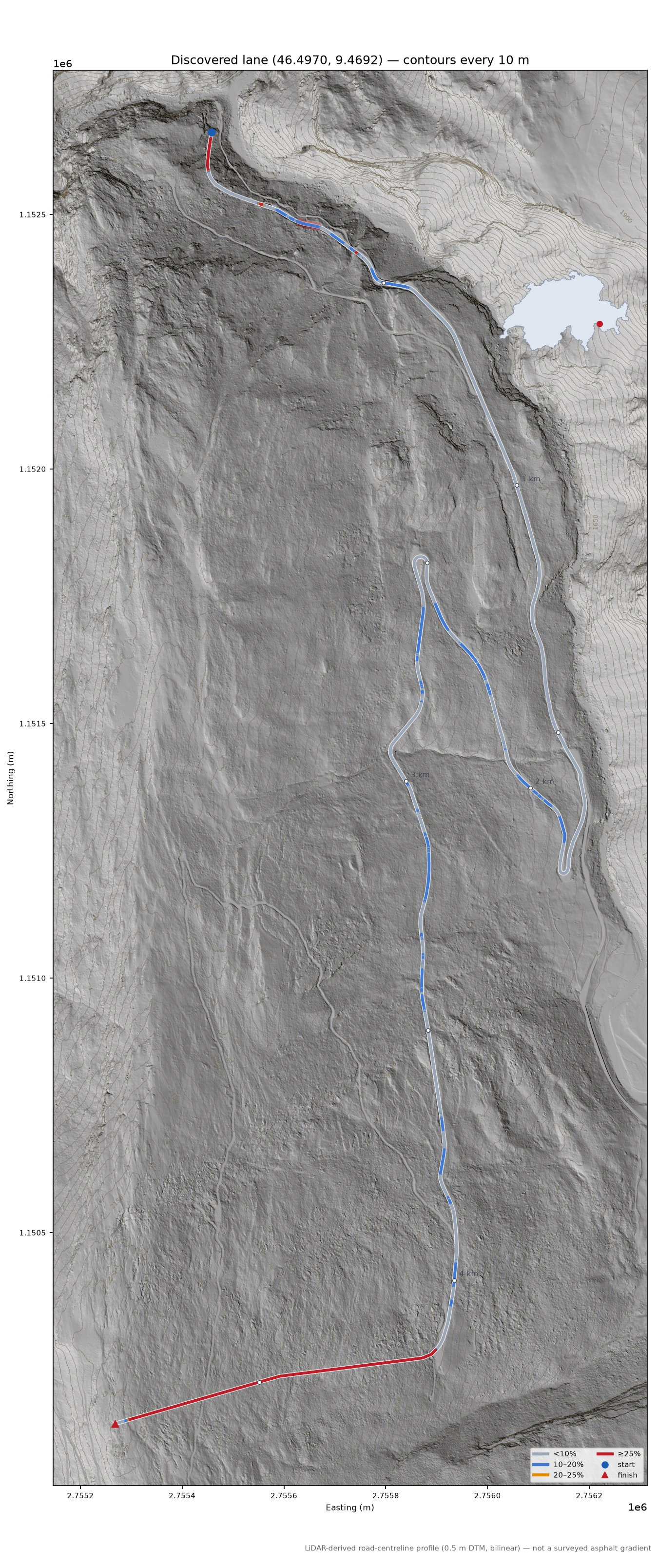 Discovered lane (46.4970, 9.4692) LiDAR hillshade map with contours