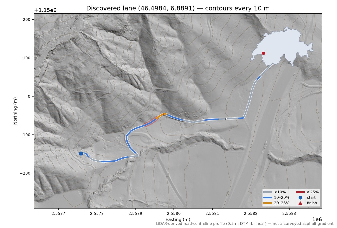 Discovered lane (46.4984, 6.8891) LiDAR hillshade map with contours