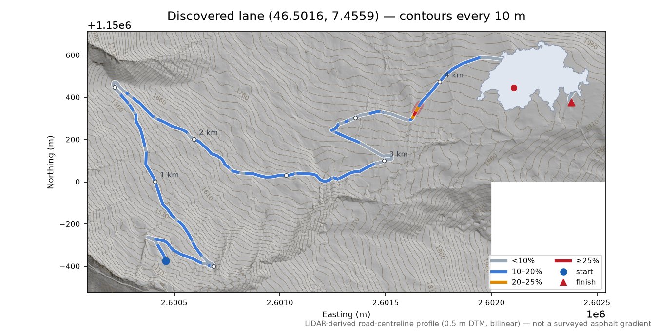 Discovered lane (46.5016, 7.4559) LiDAR hillshade map with contours