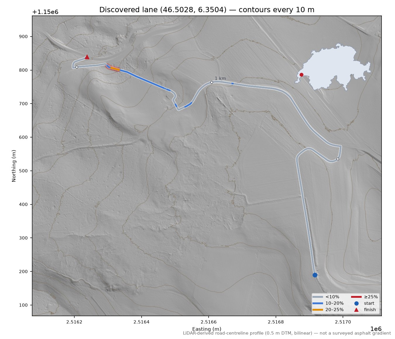 Discovered lane (46.5028, 6.3504) LiDAR hillshade map with contours