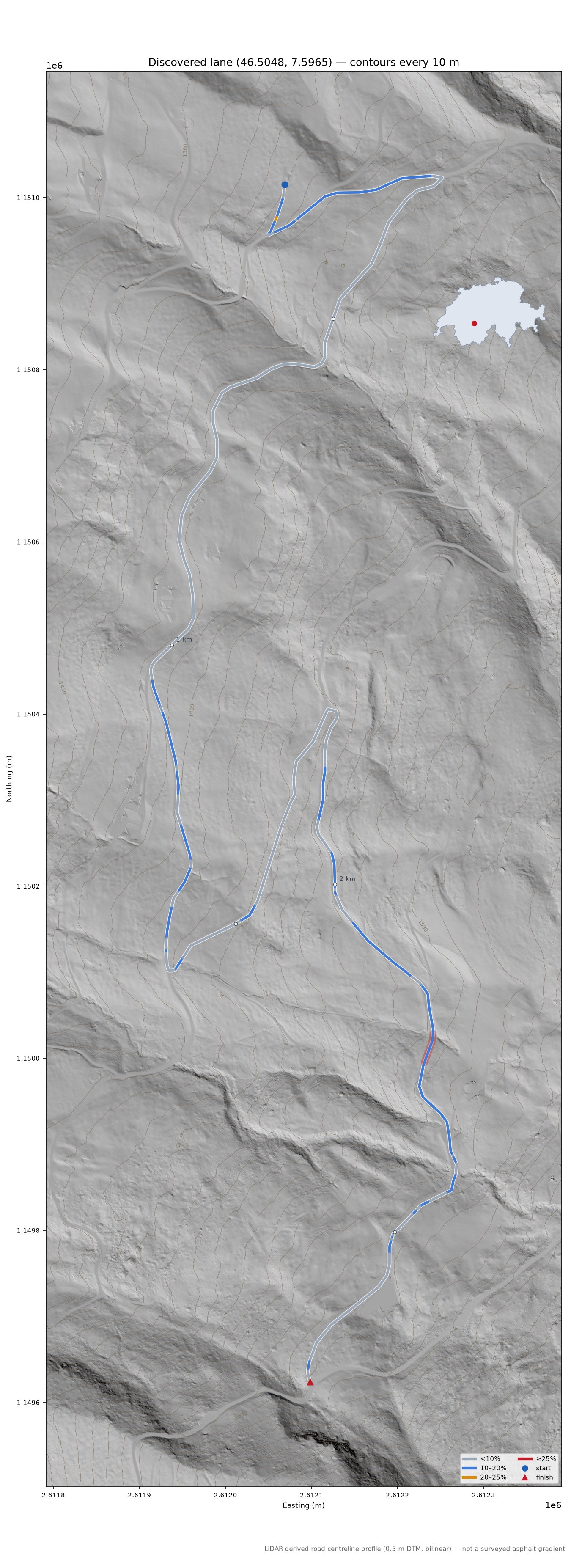 Discovered lane (46.5048, 7.5965) LiDAR hillshade map with contours