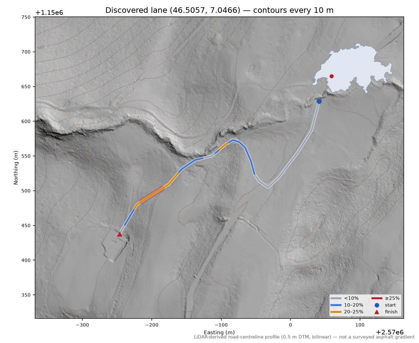 Discovered lane (46.5057, 7.0466) LiDAR hillshade map with contours