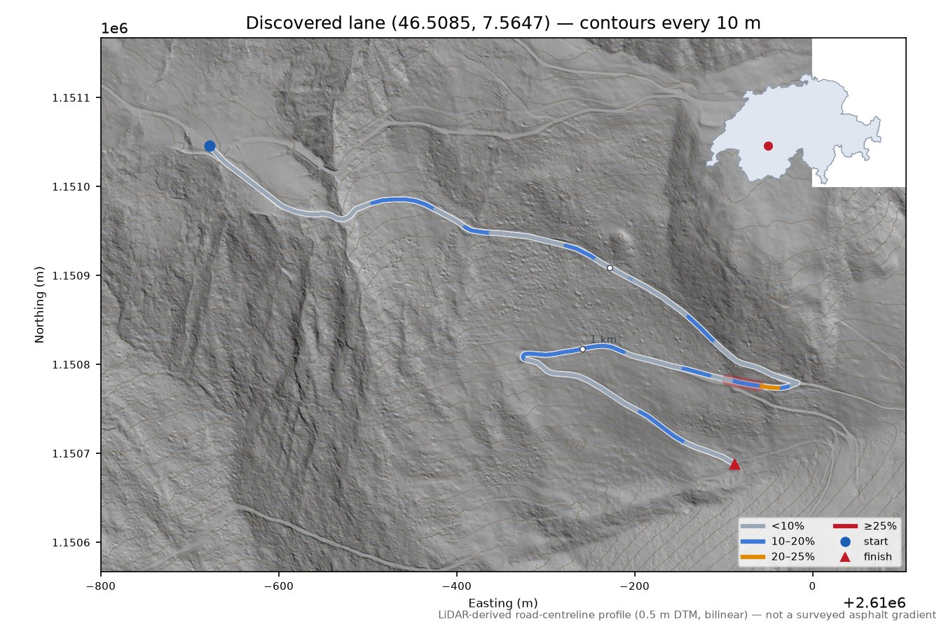 Discovered lane (46.5085, 7.5647) LiDAR hillshade map with contours