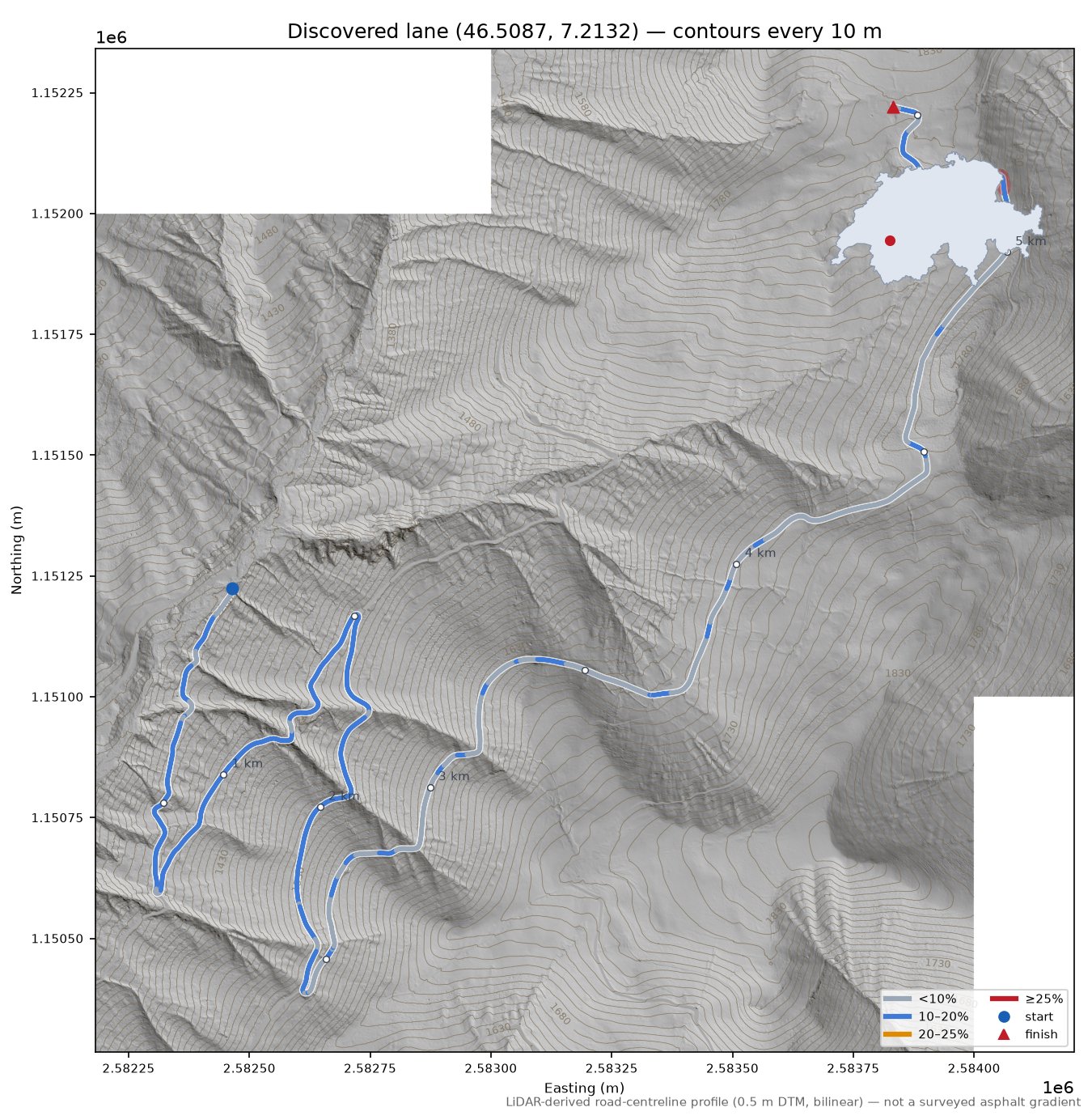 Discovered lane (46.5087, 7.2132) LiDAR hillshade map with contours