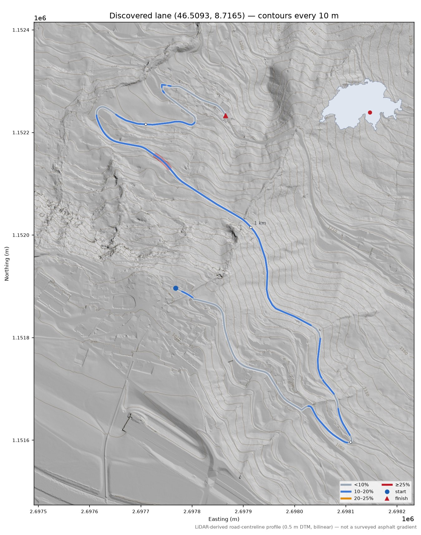 Discovered lane (46.5093, 8.7165) LiDAR hillshade map with contours