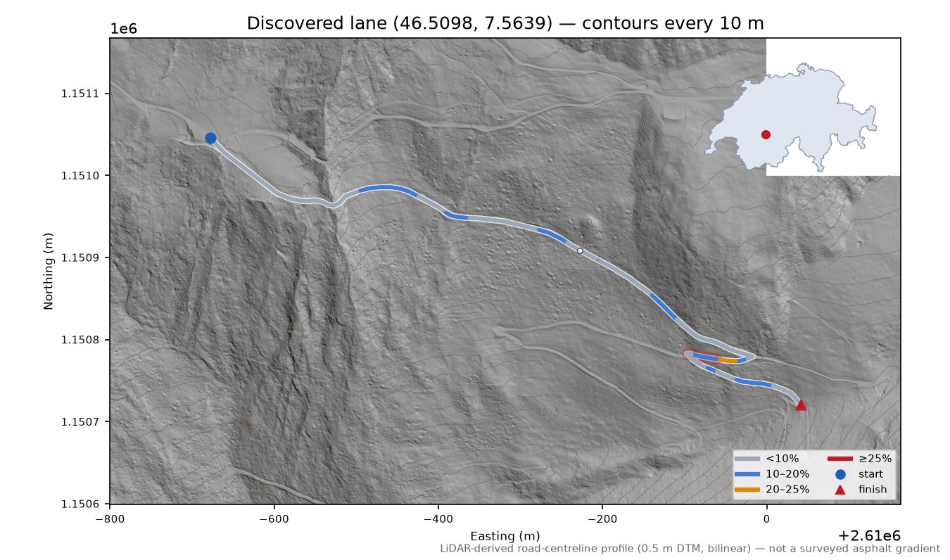 Discovered lane (46.5098, 7.5639) LiDAR hillshade map with contours