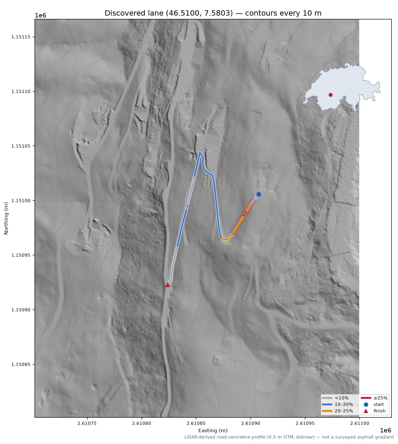 Discovered lane (46.5100, 7.5803) LiDAR hillshade map with contours