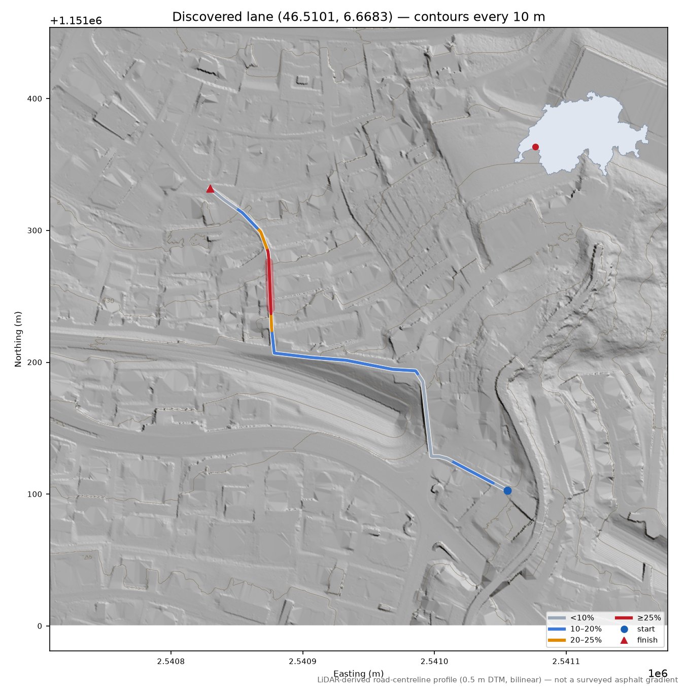 Discovered lane (46.5101, 6.6683) LiDAR hillshade map with contours