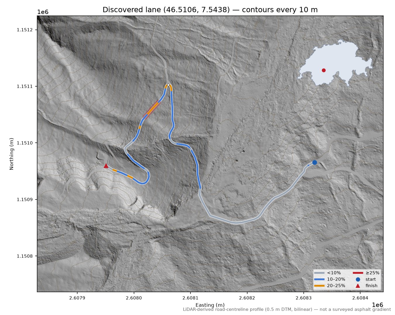 Discovered lane (46.5106, 7.5438) LiDAR hillshade map with contours