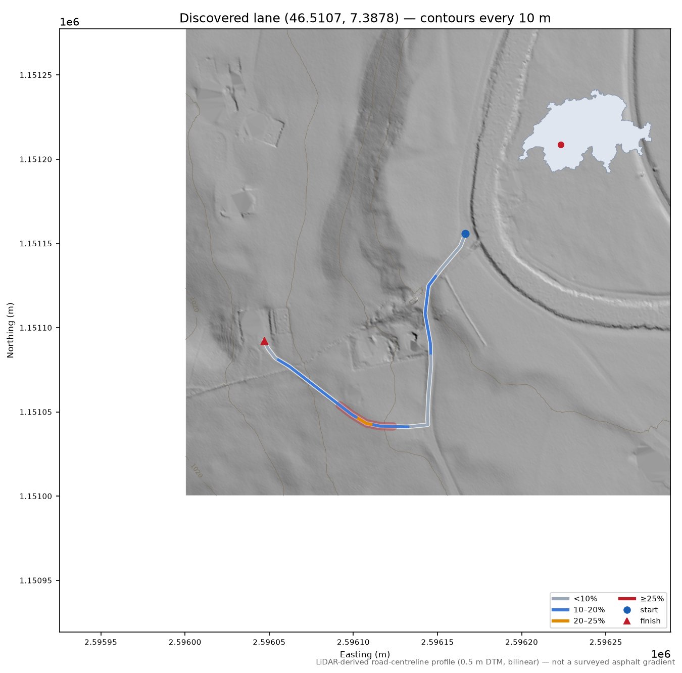 Discovered lane (46.5107, 7.3878) LiDAR hillshade map with contours