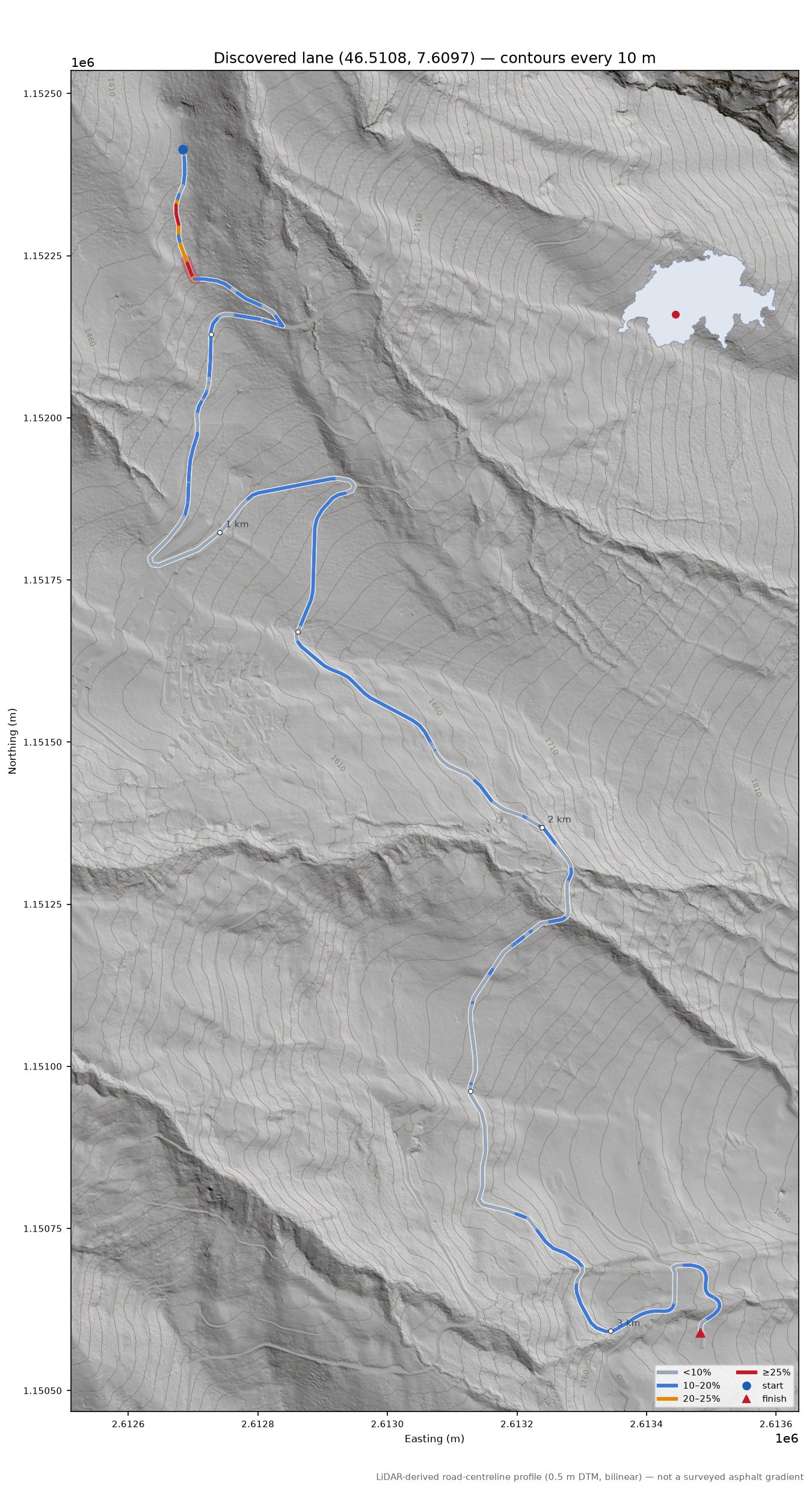 Discovered lane (46.5108, 7.6097) LiDAR hillshade map with contours