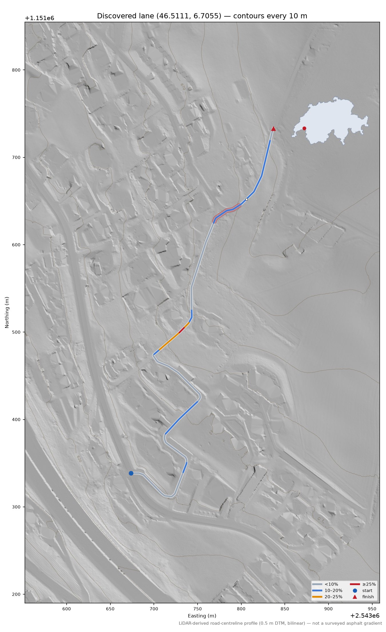 Discovered lane (46.5111, 6.7055) LiDAR hillshade map with contours