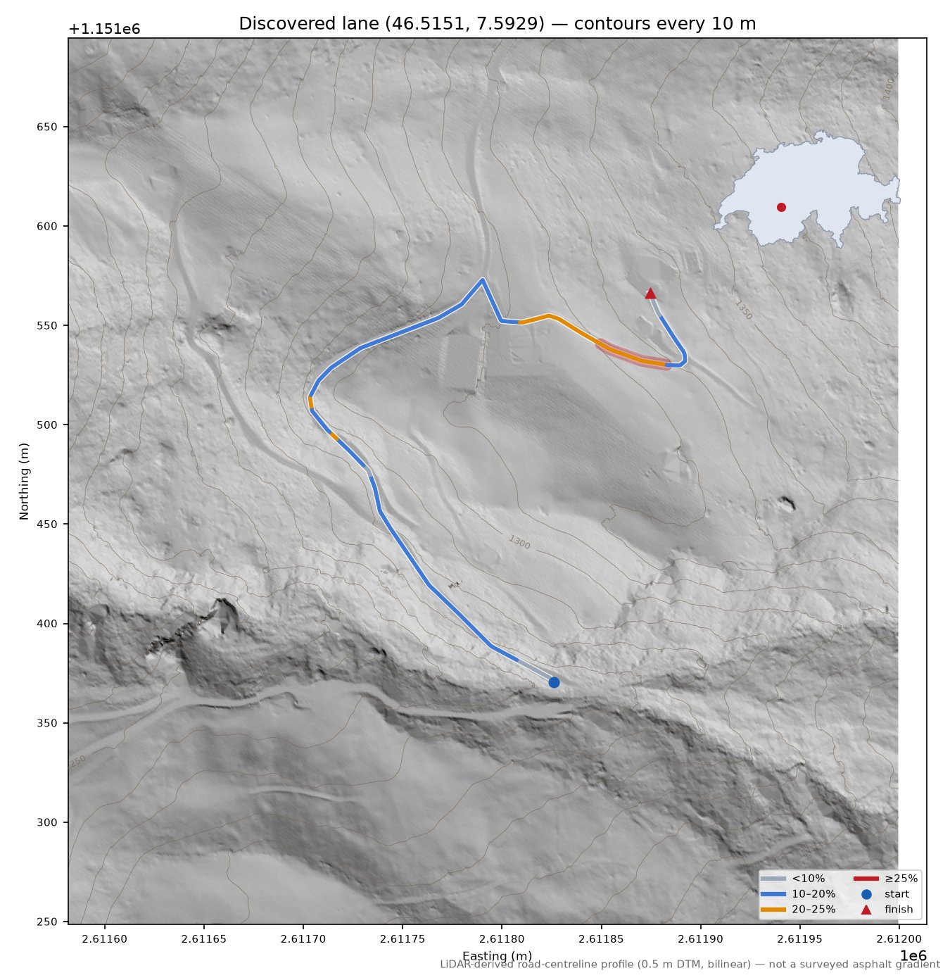 Discovered lane (46.5151, 7.5929) LiDAR hillshade map with contours