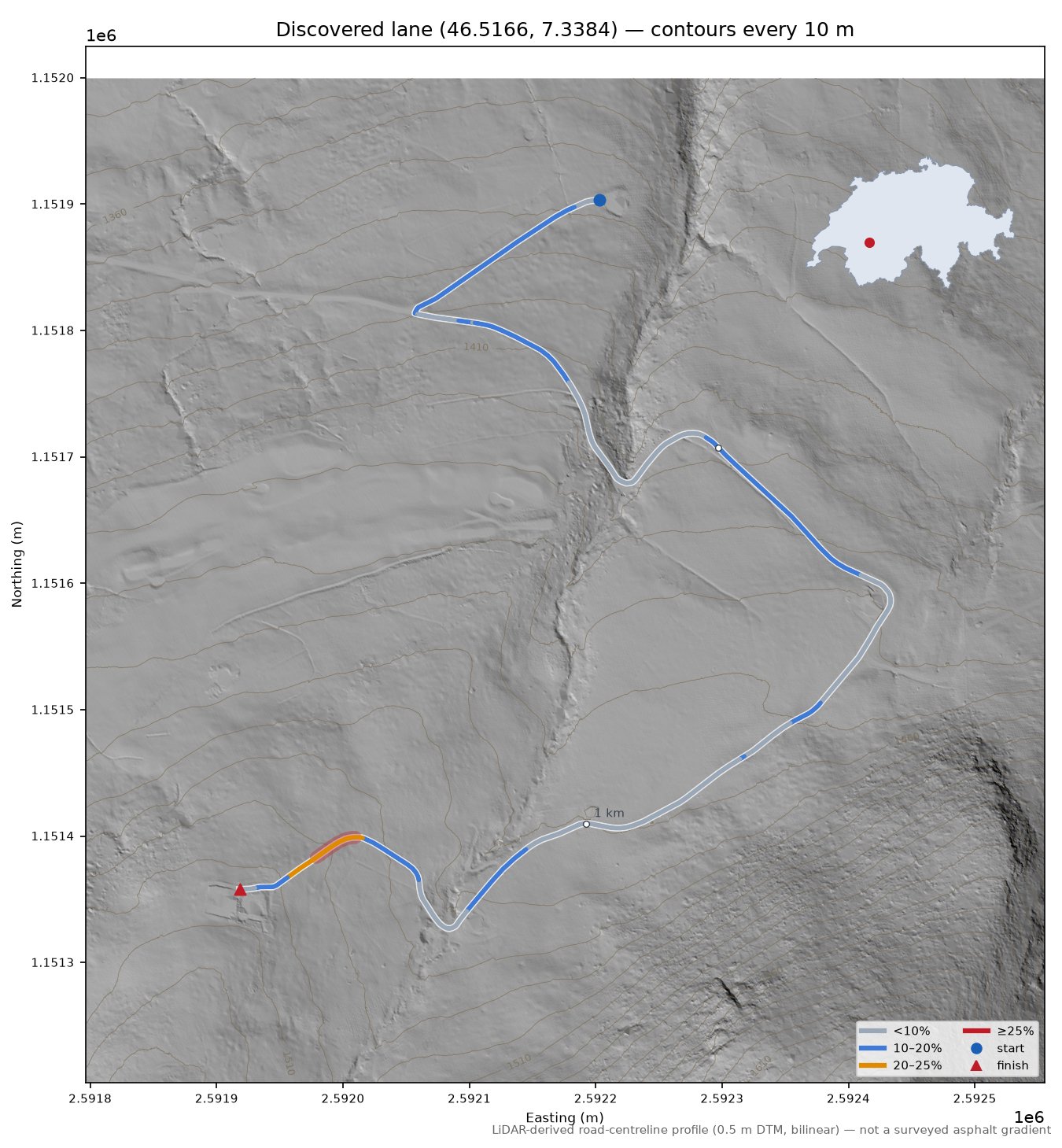 Discovered lane (46.5166, 7.3384) LiDAR hillshade map with contours