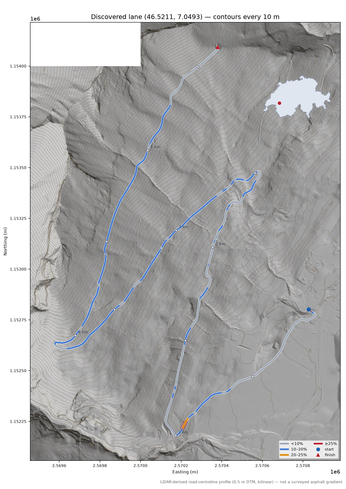 Discovered lane (46.5211, 7.0493) LiDAR hillshade map with contours
