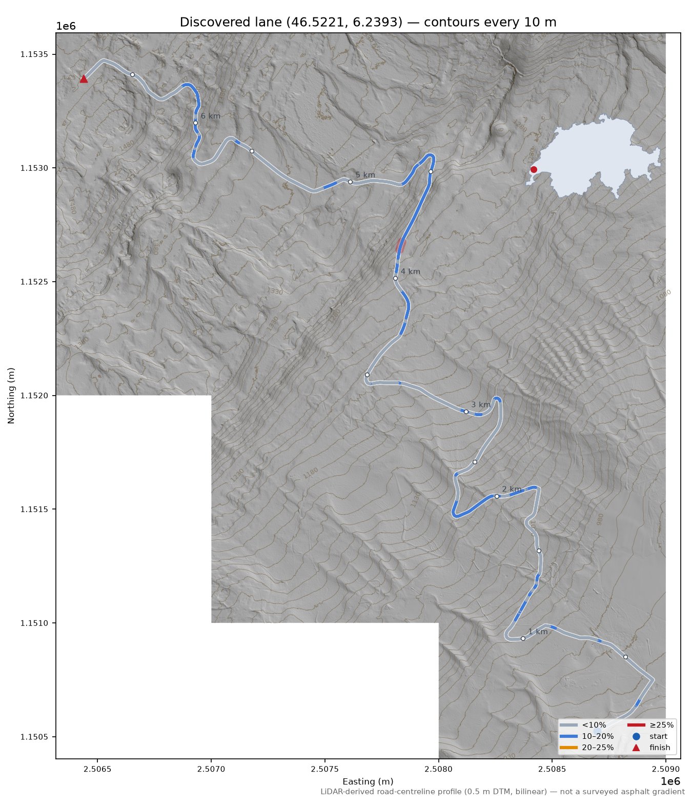 Discovered lane (46.5221, 6.2393) LiDAR hillshade map with contours