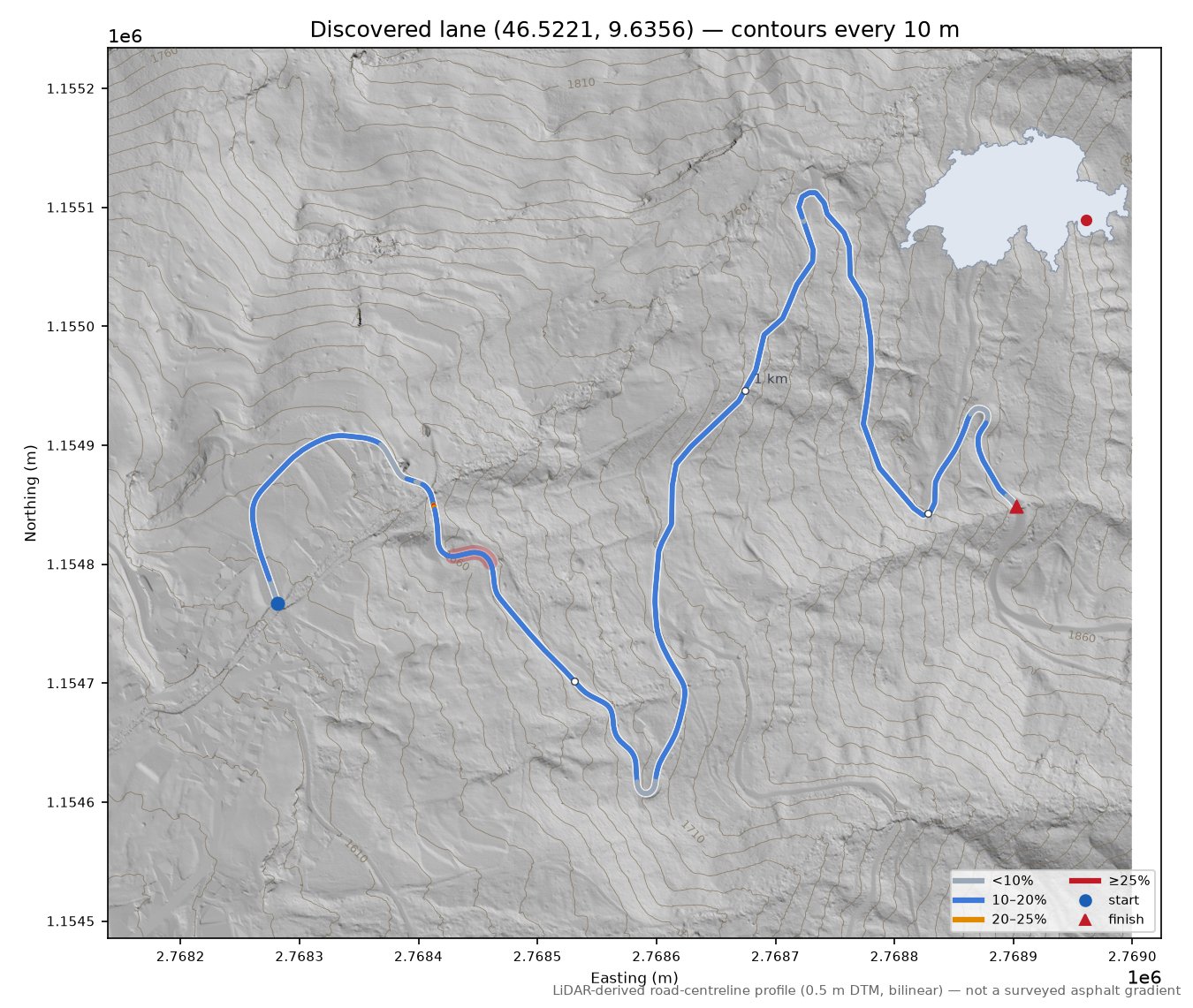 Discovered lane (46.5221, 9.6356) LiDAR hillshade map with contours