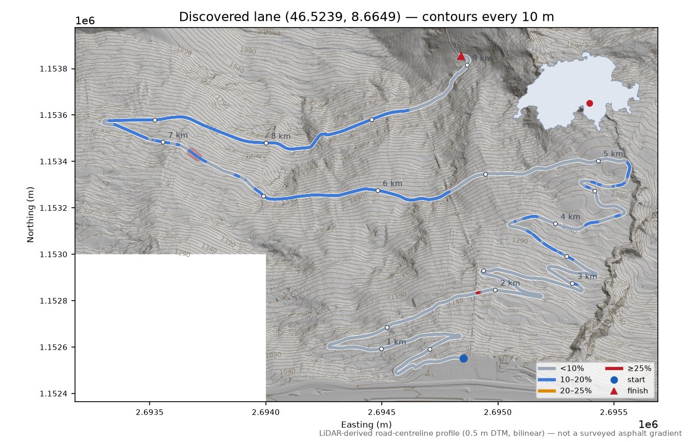 Discovered lane (46.5239, 8.6649) LiDAR hillshade map with contours