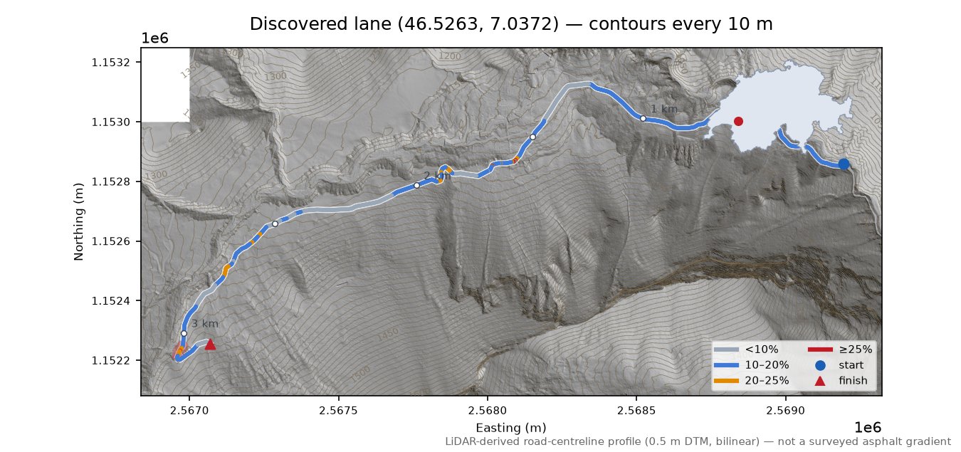 Discovered lane (46.5263, 7.0372) LiDAR hillshade map with contours