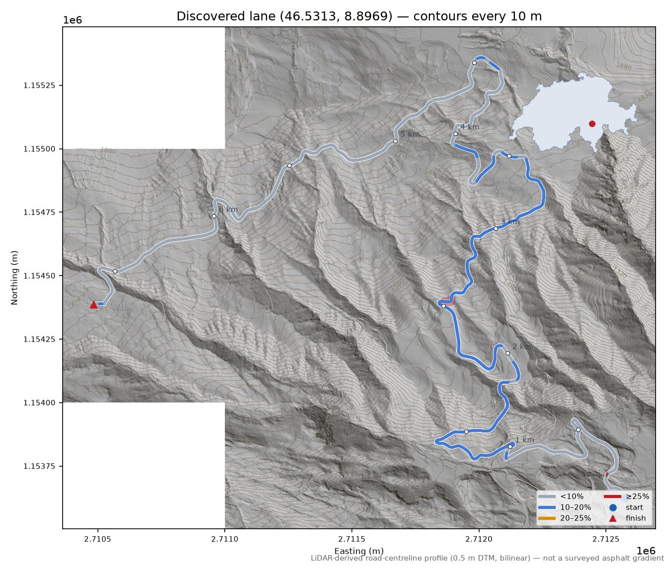 Discovered lane (46.5313, 8.8969) LiDAR hillshade map with contours