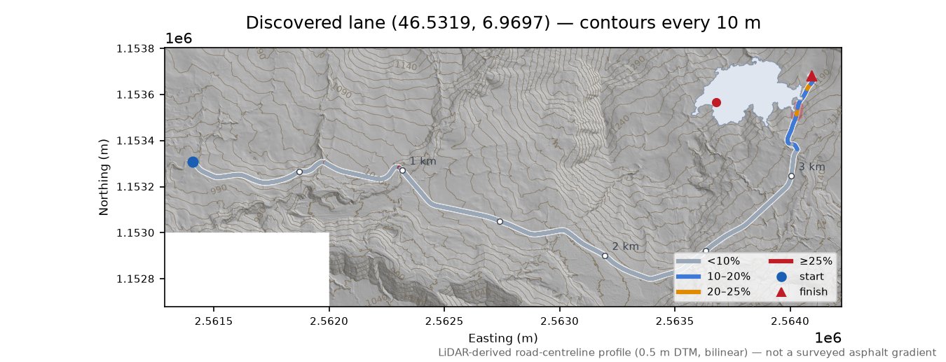 Discovered lane (46.5319, 6.9697) LiDAR hillshade map with contours