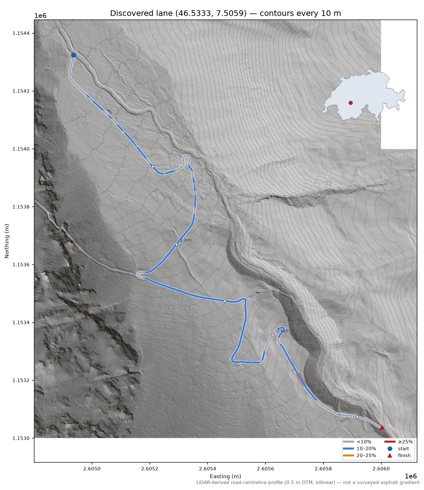 Discovered lane (46.5333, 7.5059) LiDAR hillshade map with contours