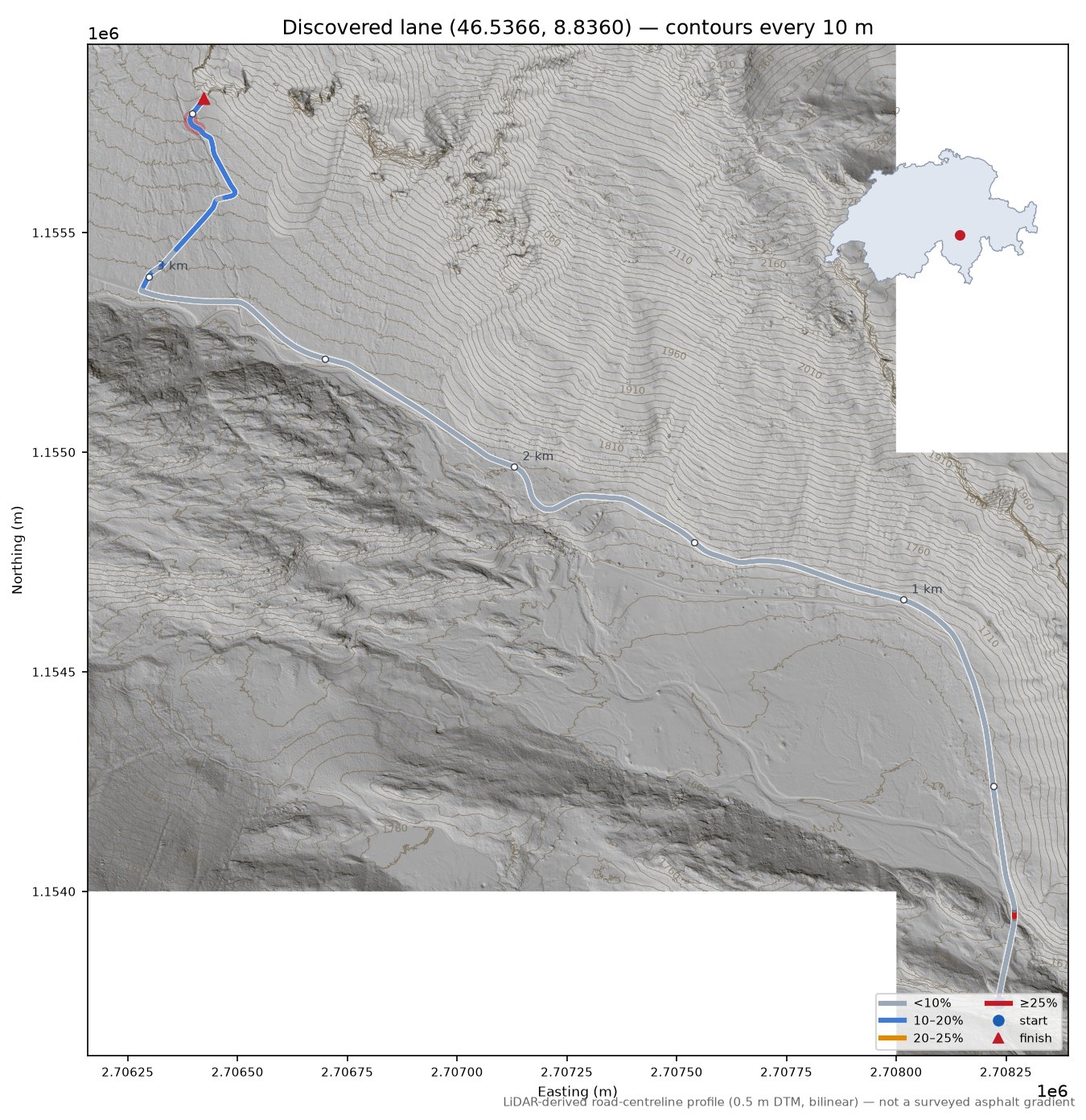 Discovered lane (46.5366, 8.8360) LiDAR hillshade map with contours