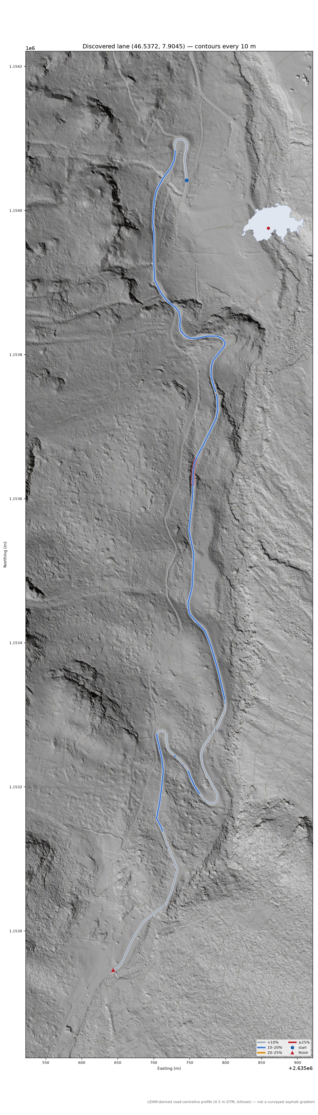 Discovered lane (46.5372, 7.9045) LiDAR hillshade map with contours