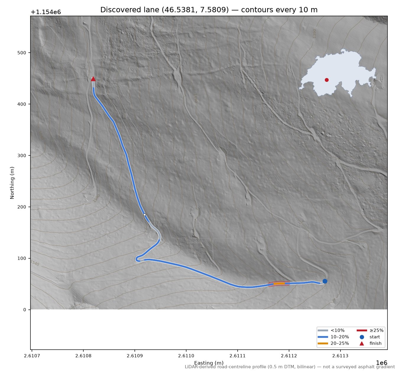 Discovered lane (46.5381, 7.5809) LiDAR hillshade map with contours